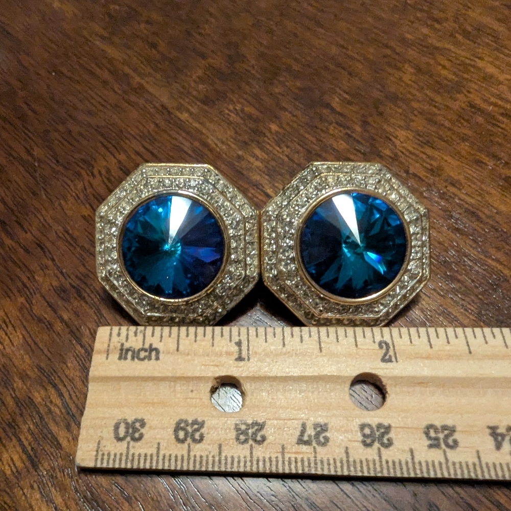 Vintage St. John Blue and Silver Octagon Clip On Earrings - Picture 9 of 9
